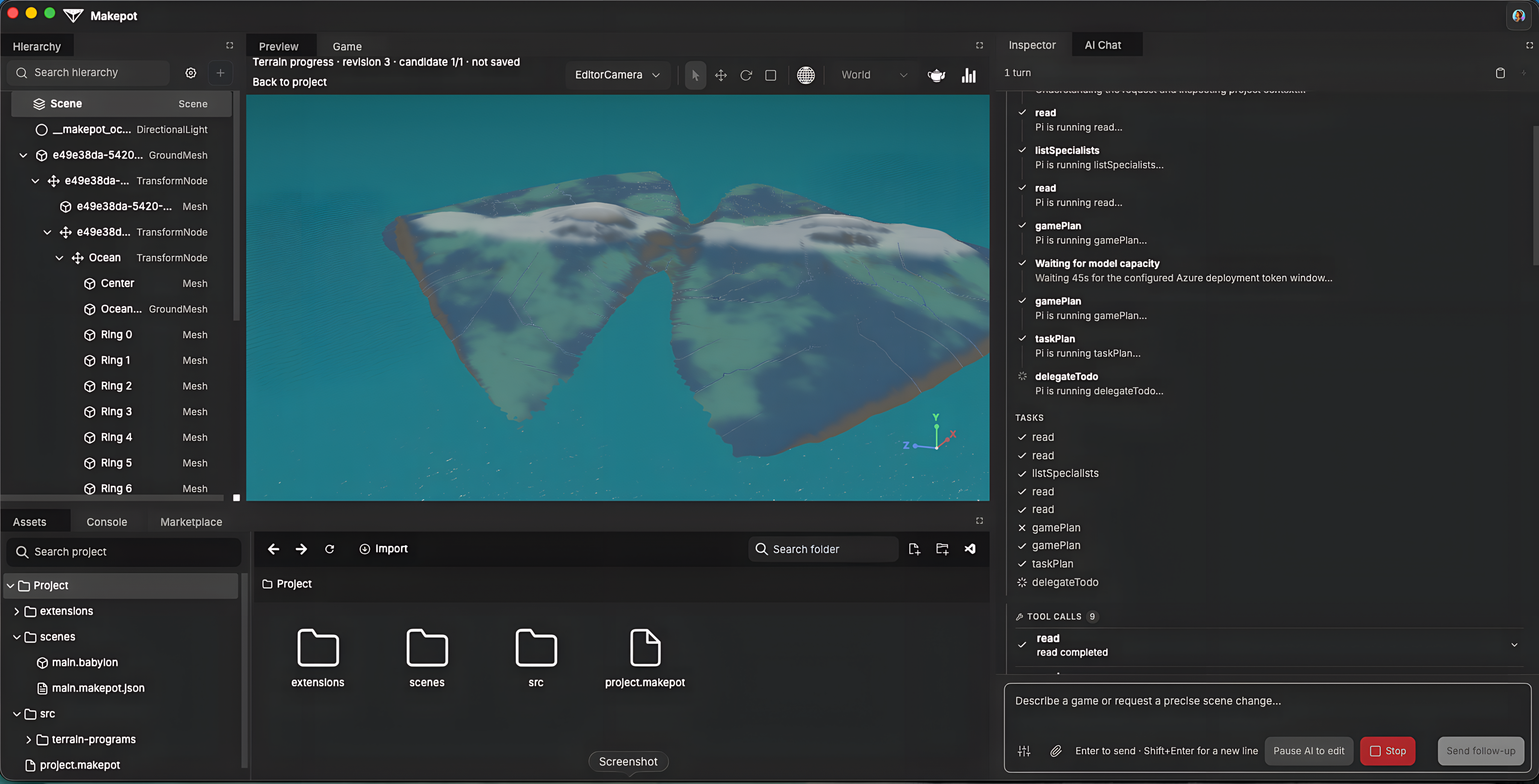 The Makepot desktop editor displaying island terrain, scene hierarchy, project assets, and AI chat